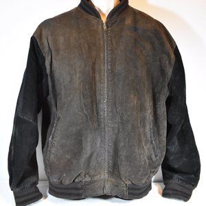 Bomber Jacket VTG Phase 2 Suede Leather w/Fabric Bands at Waist, Wrists & Neck